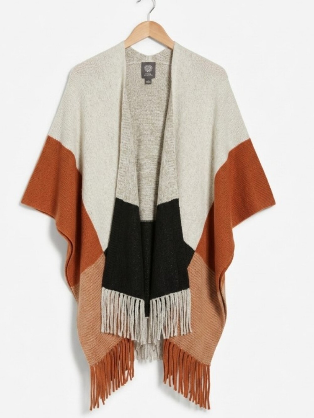 Vince Camuto Fringe Colorblock Knit Poncho in White, Rust, Black